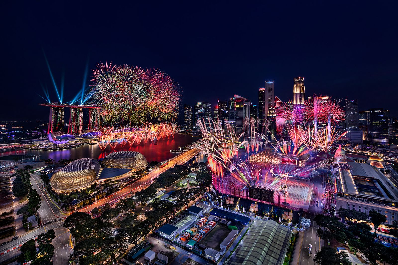 Aerial cityscape of Singapore during the fireworks display