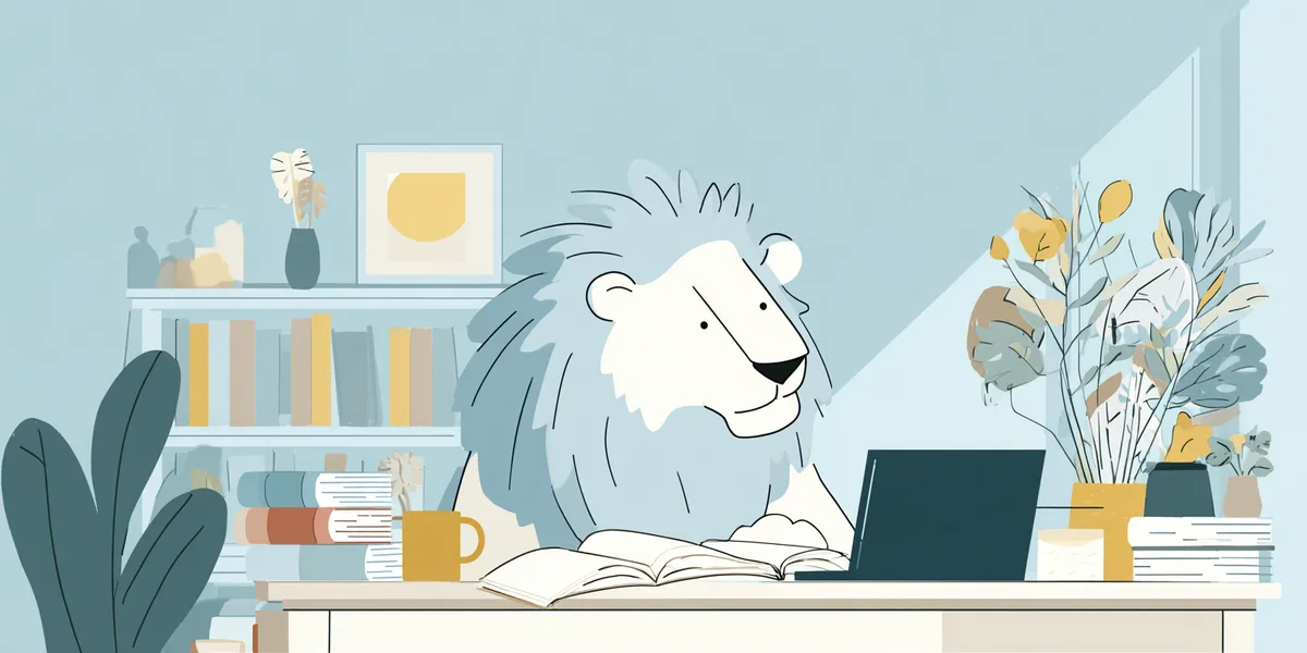 Illustration of a lion reading at a desk with a laptop