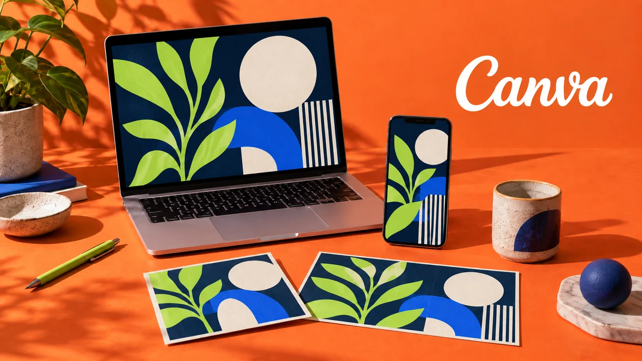 Canva wordmark with coordinated designs across laptop, phone and printed cards