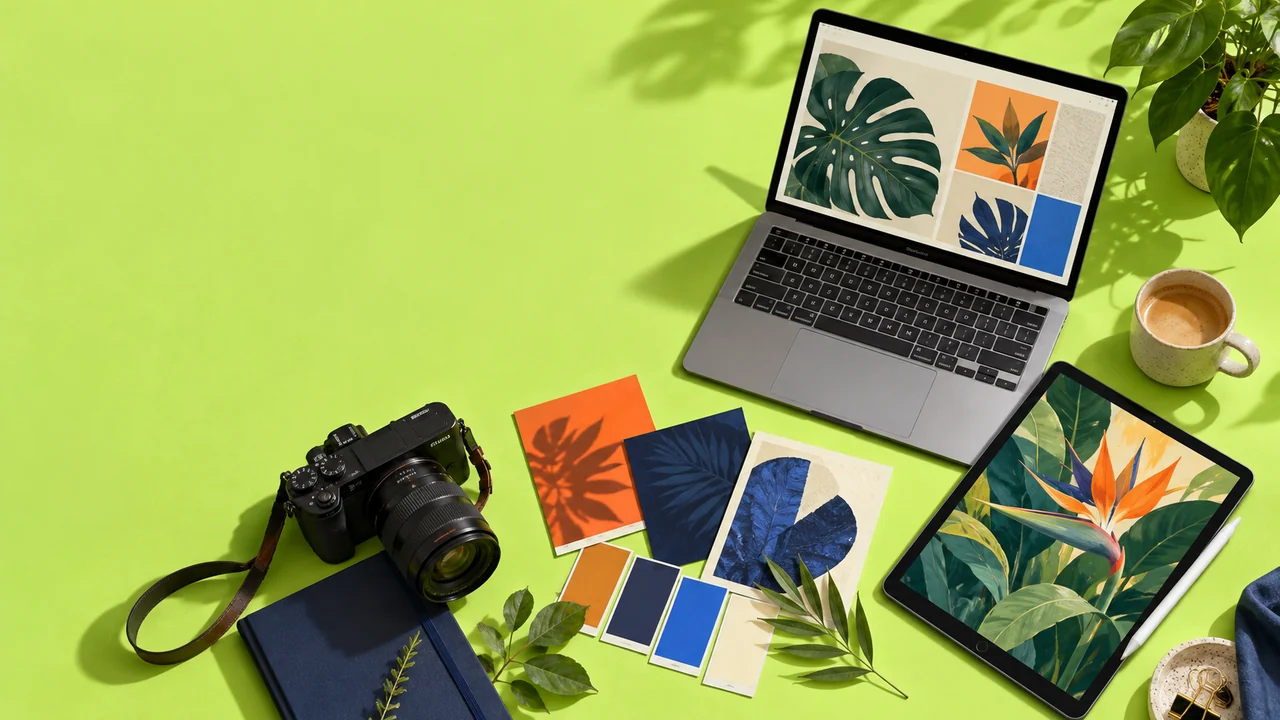 Team workshop concept: design, drawing and filmmaking tools on a shared workspace